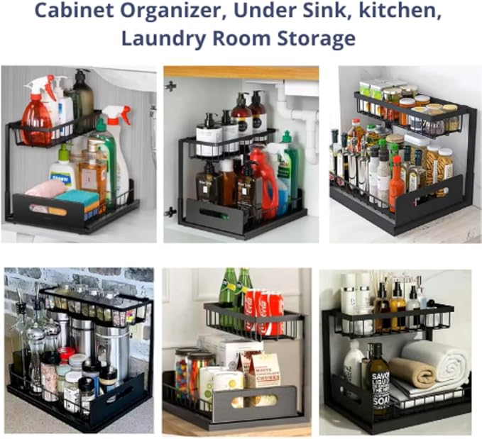 Under Sink Organizer 2-Pack – Sliding 2-Tier Metal Storage Rack, Pull-Out Cabinet Shelf for Kitchen, Bathroom, Cleaning Supplies & Toiletries.