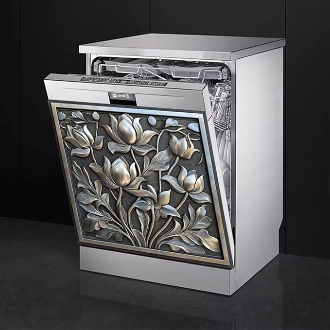 Dishwasher Magnet Cover Stainless Steel Look Flower Dishwasher Front Panel Decorative, Magnetic Appliance Cover Kitchen Decor Home Refrigerator Magnets Sticker 23" W x 26" H