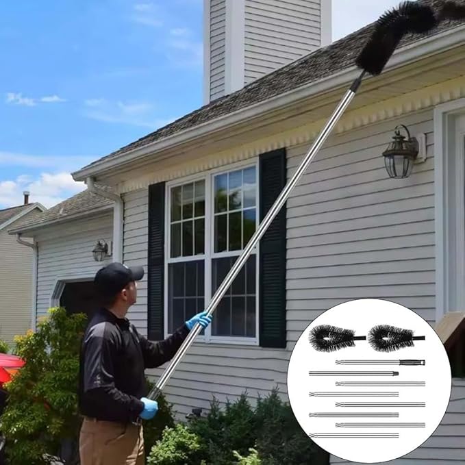 Telescopic Gutter Cleaning Tool With Flexible, Bendable Brush Head For Efficient Removal Of Leaves And Debris From Roofs