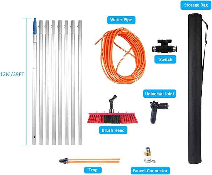Window cleaning pole 3~12m extendable window cleaning kit window cleaning pole steel buckle fixing, easy to install,with 20m water supply hose 50cm water hole large brush head Roof Cleaning Tools