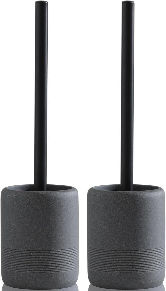 Toilet Brush and Holder Set, 2 PCS Decorative Toilet Bowl Brush and Holder Set Bathroom Aceessories Toilet Scrubber Brush Set with Heavy-Weight Resin Base with Long Handle (Black)