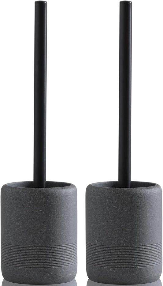 Toilet Brush and Holder Set, 2 PCS Decorative Toilet Bowl Brush and Holder Set Bathroom Aceessories Toilet Scrubber Brush Set with Heavy-Weight Resin Base with Long Handle (Black)