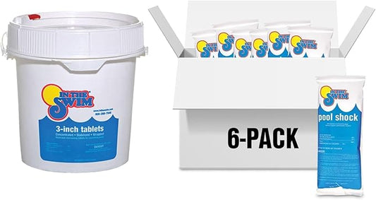 In The Swim Shock and Chlorine Bundle for Sanitizing Swimming Pools – Includes 6 x 1 Pound Bags of 68% Cal-Hypo Pool Shock and 10 Pound Bucket of 3 Inch Stabilized Chlorine Tablets