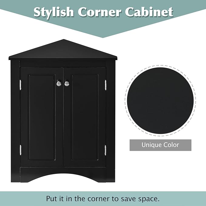 Corner Storage Cabinet with Adjustable Shelves, Triangle Bathroom & Kitchen Organizer, Freestanding Floor Cabinet for Toilet Kitchen Bathroom Cleaning Supplies (Black)