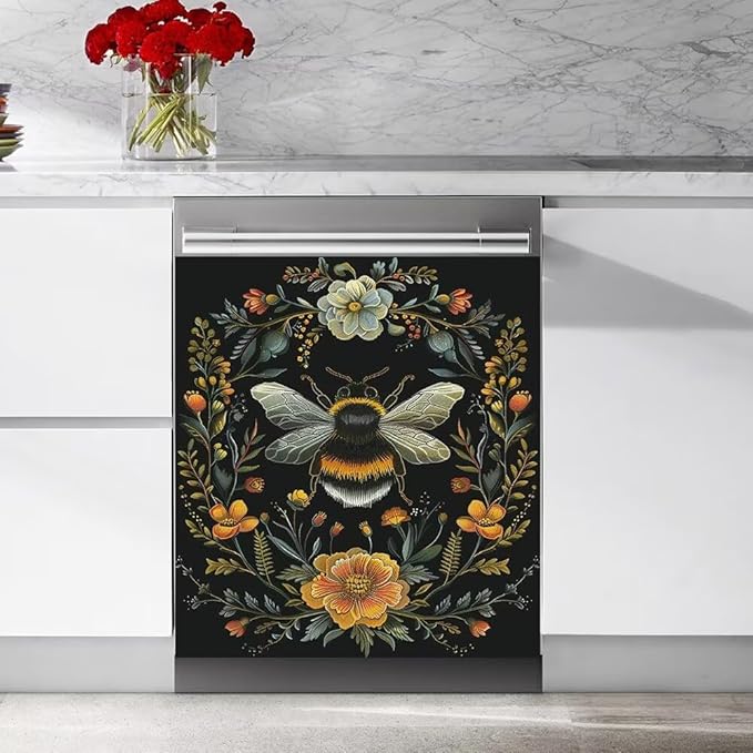 Flower and Bee Pattern Dishwasher Magnet Cover Sticekr - Kitchen Decorative Fridge Panel Decal - Kitchen Appliances Decorate Sticker - 23W x 17H inchs