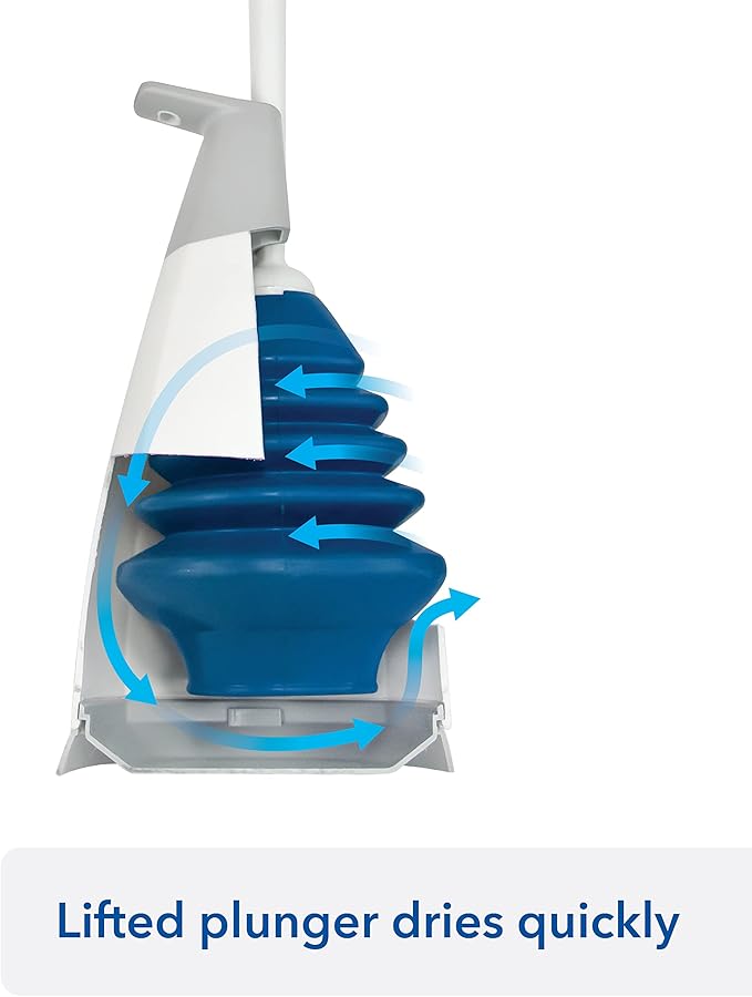 Unger EZ Plunger with No-Drip Carrying Caddy, Tight Seal Toilet Bowl Tool with Portable Holder, Discreet Bathroom Cleaning Supplies, Declogger with Cover, Accordion Shape for Less Splash Back