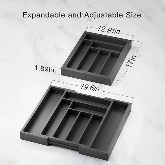 Pipishell Bamboo Expandable Drawer Organizer for Utensils Holder, Adjustable Cutlery Tray, Wood Drawer Dividers Organizer for Silverware, Flatware, Knives in Kitchen, Bedroom, Living Room (Black)