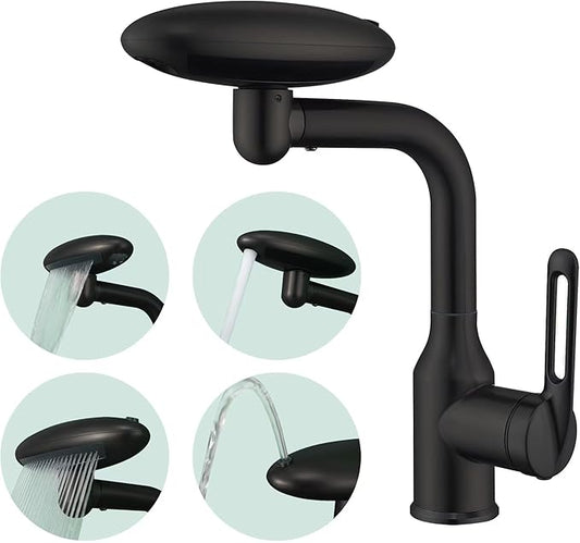 Bathroom Sink Faucet 1 Hole, Matte Black Multifunctional Basin Faucet with 4 Water Outlet Modes, Modern 360°Rotatable Bar Tap with Two Water Supply Pipes