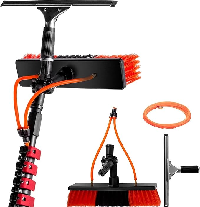 Water Fed Pole, Outdoor Window Window Cleaning Tool (Glass, Solar Panel, Etc.) Professional 3-in-1 Kit: Scrubber Brush W/Spray Washer Window Squeegee 7.2Rod Length 30brush