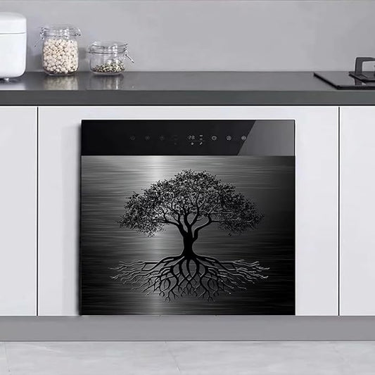 Dishwasher Magnet Cover Black Tree of Life Dishwasher Cover Magnetic Sticker Brushed Stainless Steel Effect Kitchen Appliances Fashion Door Cover Magnet Decor Decal 23" x 17" Magnetic