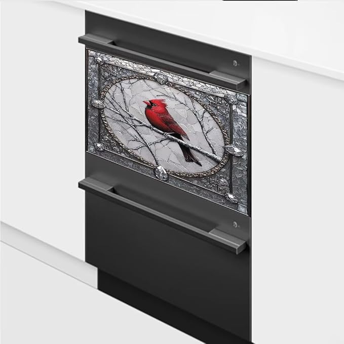 Cardinal Magnet Dishwasher Door Cover Retro Silver Gray Vinyl Panel Decal, Refrigerator Magnetic Skins Cover Reusable Dishwasher Sticker, 23" x 17" Magnetic