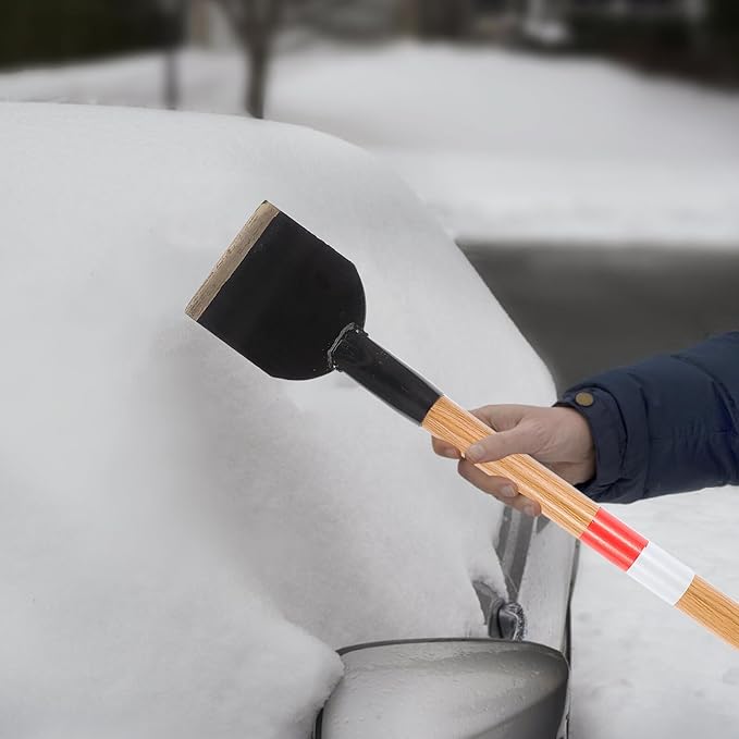 Heavy-Duty Railway Ice Removal Shovel with 12-inch Wide Metal Blade and Extended Wooden Handle for Snow Shoveling, Car Snow Scraper, and Driveway Cleaning Tool