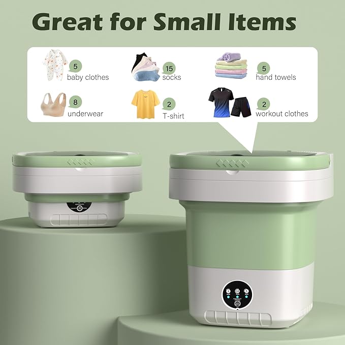 Portable Washing Machine, 7L/12L Upgraded Mini Washing Machine, Suitable for Small Clothes, Foldable Laundry Machine, Ideal for Dorm, Home, Hotel, Camping and Travel (Green, 12L)