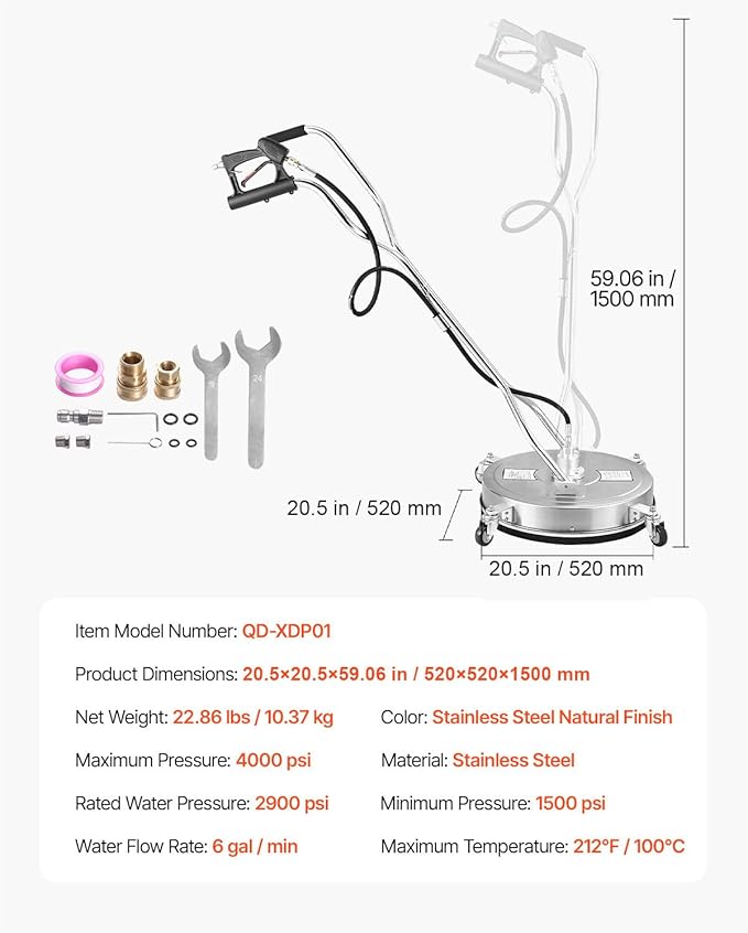 VEVOR 20" Pressure Washer Surface Cleaner, Stainless Steel Pressure Washer Attachments with 4 Wheels, 4000 Max PSI, 3/8 Quick Connector, 2 Spray Nozzles, Dual Handle, for Concrete, Patio, Sidewalk