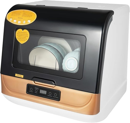 Portable Countertop Dishwasher, No Installation Needed - 5L Mini Dishwasher with 99.99% Steam Sterilization & 360° Spray for Apartments, RVs, Dorms - 12 Place Settings, 3 Wash Modes in Gold