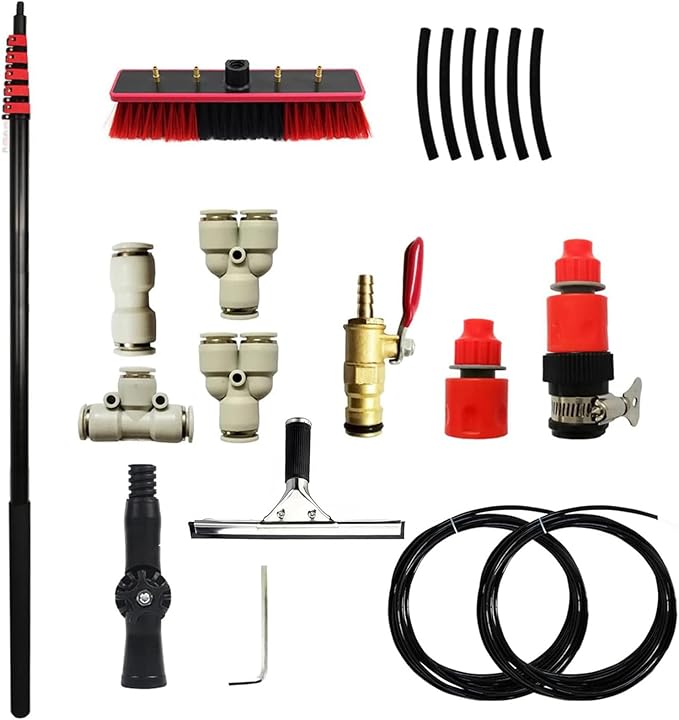 Extendable Window Cleaning Pole with 20m Hose, Window Brush & Solar Panel Cleaner, Conservatory Roof Cleaning Tool, Includes Rubber Gloves, 3.6m/12ft Long Reach