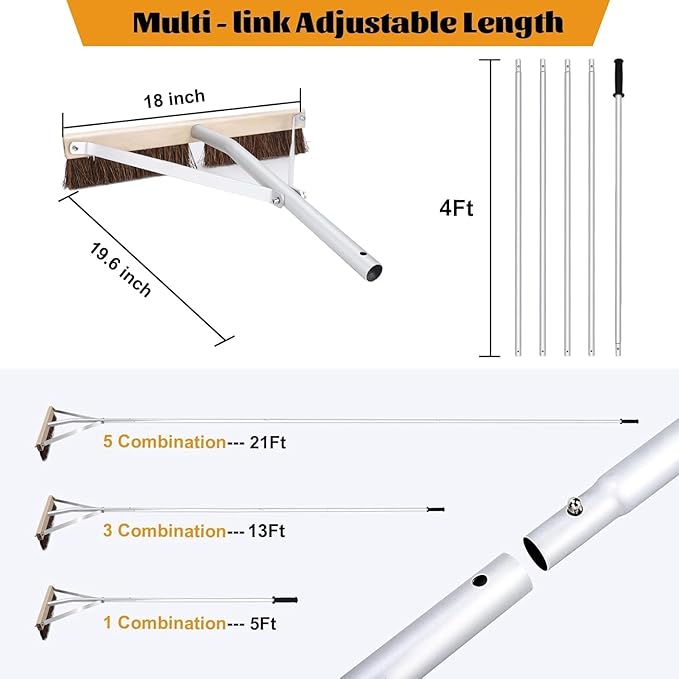 Leaf Roof Brush and Roof Rake, 21 Ft Adjustable Length Roof Cleaning Tool, Remove Roof Leaves Safely, with Natural Brush Head, Lightweight, Easy to Use & Store