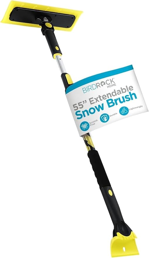 BIRDROCK HOME 55" Extendable Snow Brush with 14" Foam Head & Detachable Scraper | Aluminum Grip for Car, Truck, SUV | Safe on Auto Windshield & Windows | Wide Frost Remover - Yellow