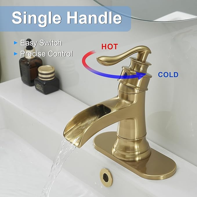 BWE Waterfall Bathroom Faucet Brushed Gold Bathroom One Hole Single Handle Vanity Sink Faucet with Pop Up Drain Assembly and Supply Hose