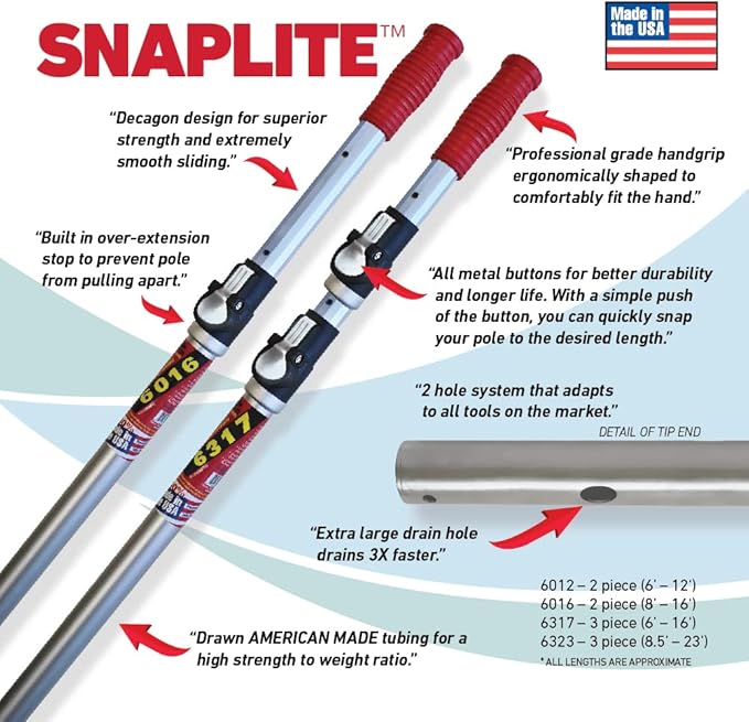 SKIMLITE MANUFACTURING Snaplite Telescopic Pool Pole 16 Ft Adjustable Cleaning Poles Push Button Lock Light Weight Easy Grip, Includes Universal Threaded Adapter for Skimmer Net Brush Vacuum Head