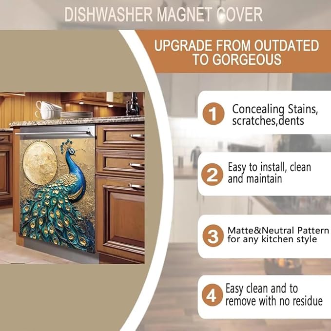 Peacock Kitchen Decor Dishwasher Magnet Cover Decal, Moon Magnetic Dish Washer Panel Door Vinyl Sticker, Refrigerator Magnets,Easy to Clean, 23 x 26 inch