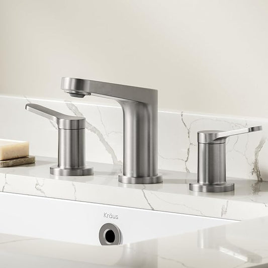 KRAUS Indy Widespread Bathroom Faucet in Spot-Free Brushed Nickel with 2 Handles, Pop Up Drain and Supply Lines, FUS-14103SFBN