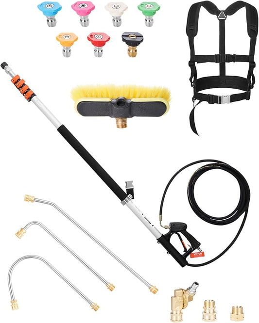 VEVOR Pressure Washer Telescoping Wand, 24 ft, 4000 psi, Telescopic Spray Wand with Power Washer Extension Wands, Gutter Cleaner, Brush Head, Pivoting Coupler, 7 Spray Nozzles and Support Harness