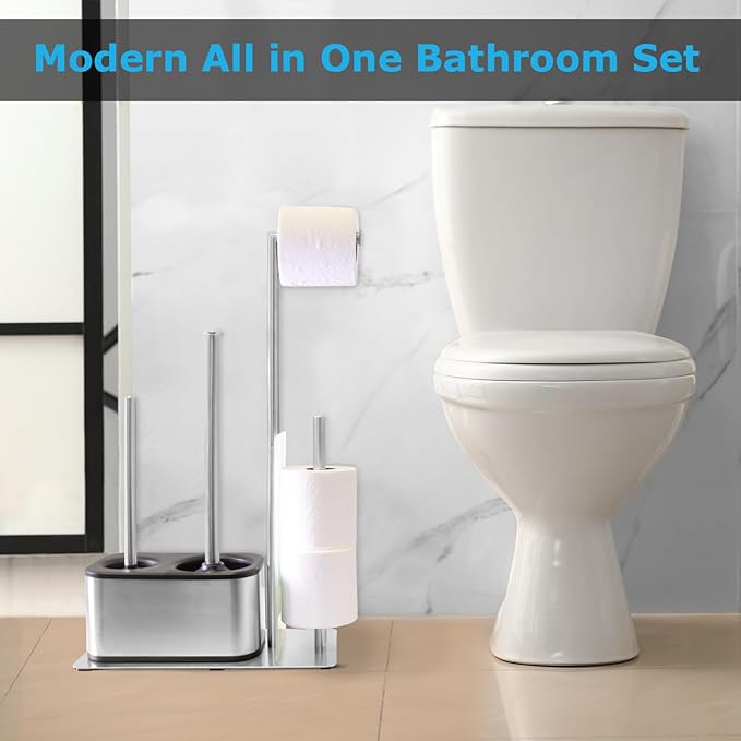 Blue Donuts Modern Bath Set for Bathroom Organization, All in One Toilet Brush, Toilet Plunger, Toilet Paper Holder Stand and Toilet Tissue Paper Storage All in One Combo.