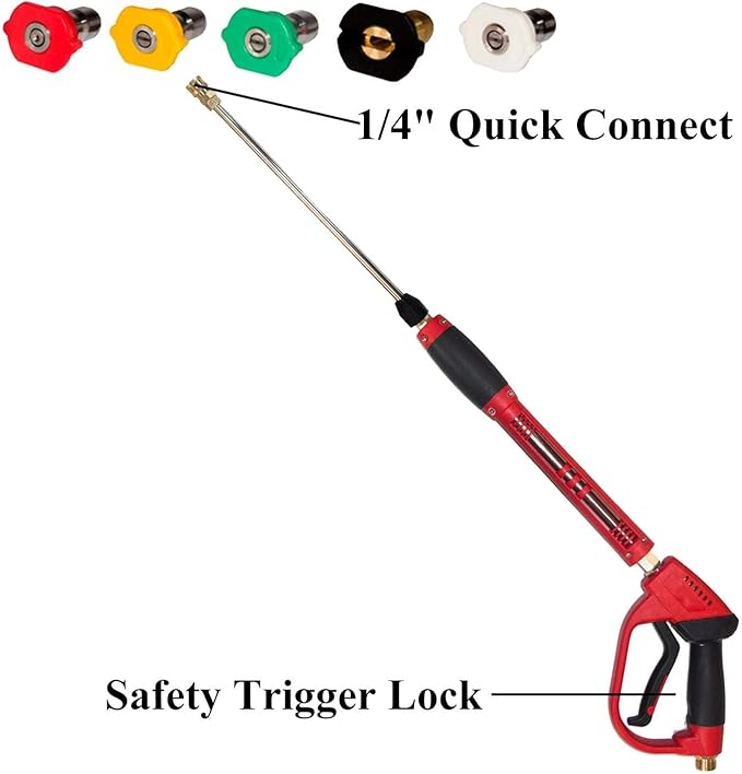 Hourleey Pressure Washer Gun, Red High Power Washer Gun with Replacement Wand Extension, 5 Nozzle Tips, M22 Fittings, 40 Inch, 5000 PSI