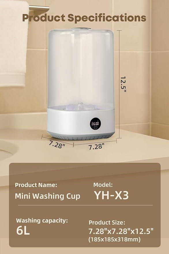 Portable Mini Washing Machine, 6L Compact Washer for Underwear, Baby & Pet Clothes, Rechargeable Cordless Laundry Machine for Singles, Apartments, RV, Type-C Charging
