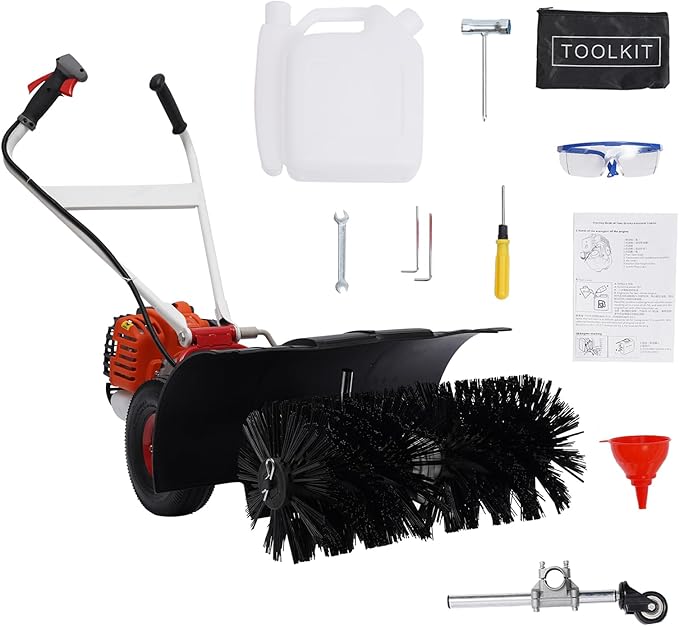2.5HP 52CC Gas Power Handheld Sweeper, Driveway Turf Snow Broom Brush Cleaner Artificial Grass Walk Behind Electric Lawn Power Outdoor Road Street High Performance Cleaner