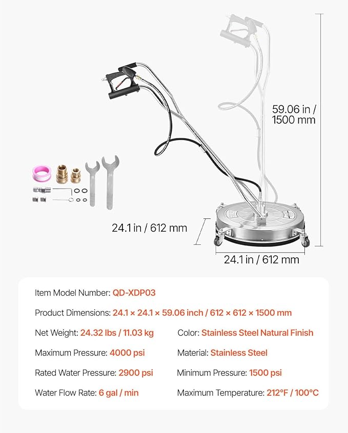 VEVOR 24" Pressure Washer Surface Cleaner, Stainless Steel Pressure Washer Attachments with 4 Wheels, 4000 Max PSI, 3/8 Quick Connector, 2 Spray Nozzles, Dual Handle, for Concrete, Patio, Sidewalk