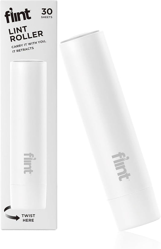 Flint Classic White Retractable Mini Lint Roller with 30 Extra Sticky Sheets, Small and Portable Lint Roller, Ideal Pet Hair Remover, Travel Lint Rollers for pet Hair Extra Sticky by Flint