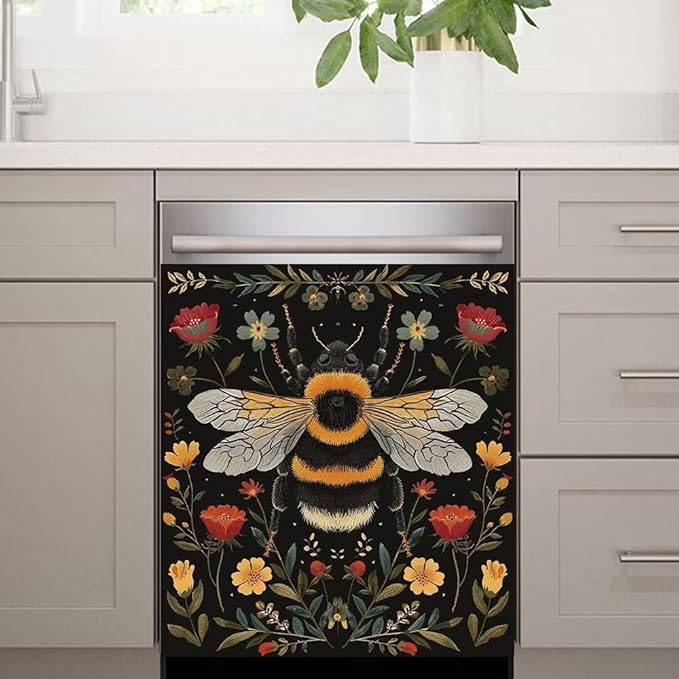 Flower and Bee Painting Dishwasher Magnetic Cover Sticker Magnetic Refrigerator Full Door Cover Sticker Kitchen Decor Panel Decal 23W x 17H inchs