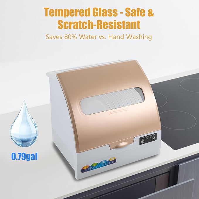 Small Countertop Dishwasher, 4 Washing Programs Neutral Freestanding Dishwasher with 3L Built-in Water Tank, 900W 360° Spraying Water Compact Dishwasher for Homes (900W White Gold)