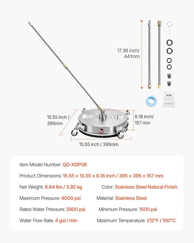 VEVOR 15" Pressure Washer Surface Cleaner, Stainless Steel Pressure Washer Attachments with 4 Wheels, 4000 Max PSI, 1/4 Quick Connector, 2 Spray Nozzles, 2 Extended Wands for Concrete, Patio, Deck