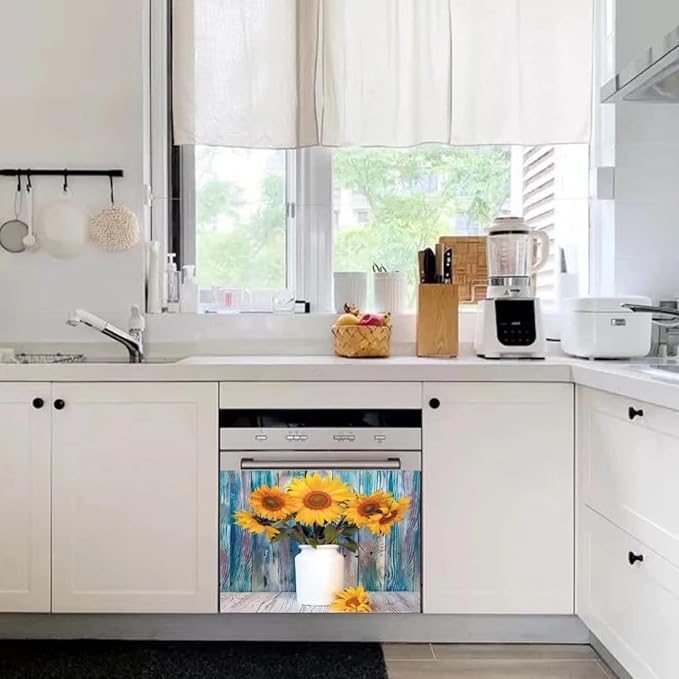 Colorful Wooden Background Kitchen Magnetic Dishwasher Front Door Cover Decor, Vase Sunflower Fridge Panels Decals Vinyl Magnet Cover, Magnetic 23"x17"INCH