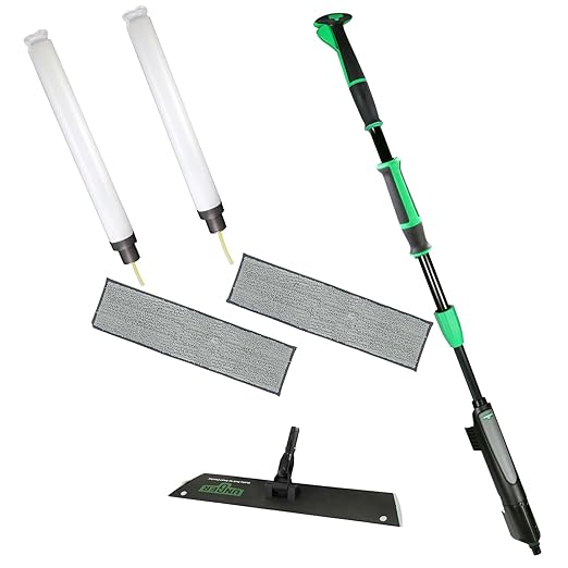 Unger Commercial Excella 18" Floor Cleaning Kit with Straight Pole - Adjustable Height, Liquid Dispensing System, 2 Microfiber Pads and Refillable Bottles - EFKT8