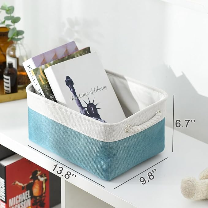 TheWarmHome Fabric Storage Bin with Handles,Storage Basket for Home Storage and Organization, Shelf Basket with Cover for Living Room Bedroom Closet???White & Green Medium 13.8L??9.8W??6.7H