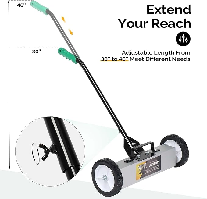TUFFIOM 18'' Rolling Magnetic Pick-Up Sweeper |45-LBS Capacity, with Quick Release Latch & Adjustable Long Handle, for Nails Needles Screws Collection