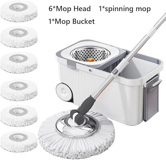 360 Spinning Floor Cleaning System with 6 Replacement Head Refills Extended Handle Hand-Free Automatic Dehydration Mop Cleaning with Bucket for Household Floor Cleaning (White Blue)