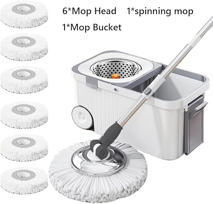 360 Spinning Floor Cleaning System with 6 Replacement Head Refills Extended Handle Household Cleaning Automatic Hand-Free Automatic Dehydration Mop for Household Floor Cleaning (White Blue)