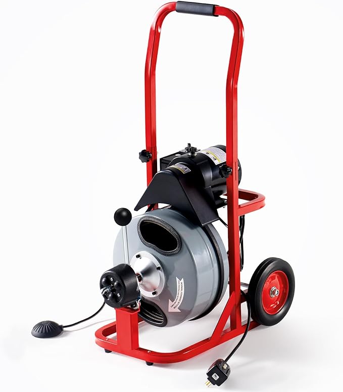 Albott 50 FT x 3/8 inch Electric Drain Cleaner Machine with Auto-Feed & 10 Cutters, Sewer Snake Auger for 1–4 Inch Pipes, Foot Switch & Wheels, Ideal for Home & Commercial Use, Gray/Red