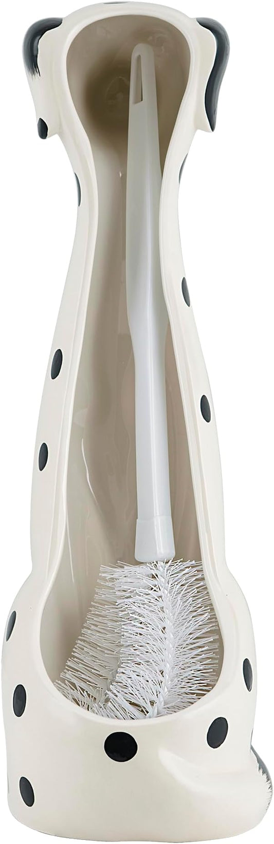 Allure Home Creation Dalmatian Dog White & Black 2-Piece Ceramic Toilet Brush Holder w/White Plastic Handled Scrub Brush, 9.4” x 5.3” x 16.7”