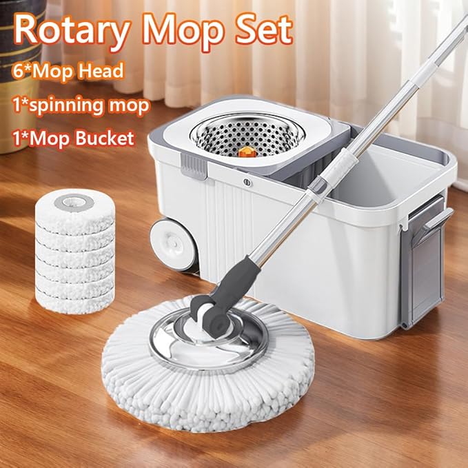 360 Spinning Floor Cleaning System with 6 Replacement Head Refills Extended Handle Household Cleaning Automatic Hand-Free Automatic Dehydration Mop for Household Floor Cleaning (White Blue)