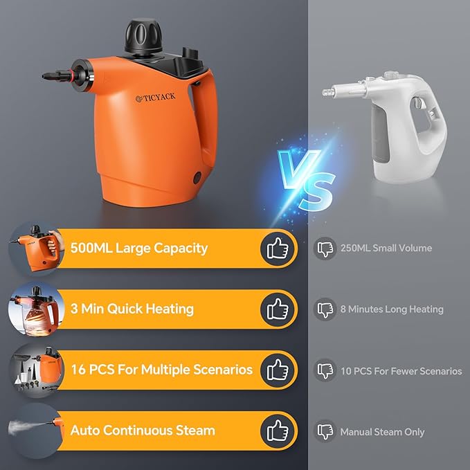 Handheld Steam Cleaner, Steam Cleaner with 16 PCS Accessory & Safety Lock, 500ML Capacity, Multi-Surface Deep Cleaning for Home, Car, Bathroom, Grout, Floor, Window (Orange)