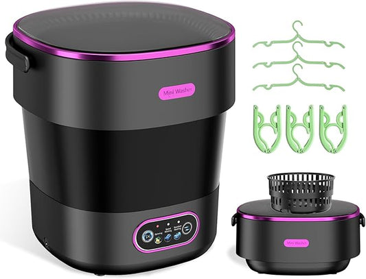 Portable Washing Machine, Mini Washer and Spin-Dryer With Folding Hanger, 16L Large Capacity Small Compact Laundry Machine of Underwear, Baby Clothes, for Apartments, Dormitories, RV, Travel, (Black)