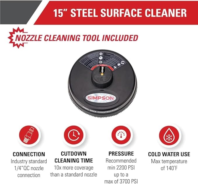 Simpson Cleaning Universal 15" Steel Pressure Washer Surface Cleaner for Cold Water Machines, 1/4" Quick Connection, Recommended Min 2200 PSI up to Max of 3700 PSI, 80299, 2026 Version, Black