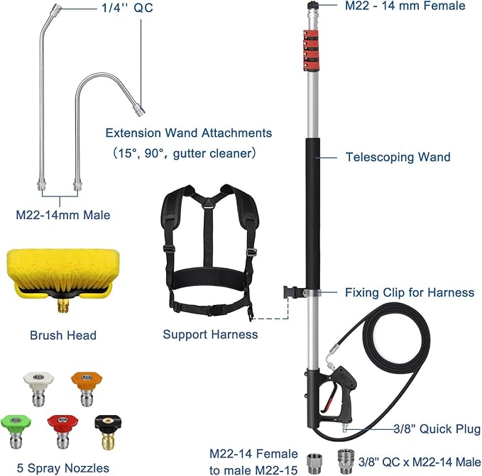 24FT Telescoping Pressure Washer Wand Kit - Extension Pole, Gutter Cleaner, Brush & 5 Nozzles for Roof, Deck, Vehicle, Sidings