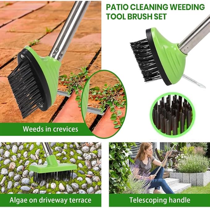 3-in-1 Weed Brush Tool Set, Adjustable Long Handle Crack Weeder & Moss Remover for Driveway, Patio, Sidewalk - Stainless Steel Crevice Cleaning Kit (1 Set)